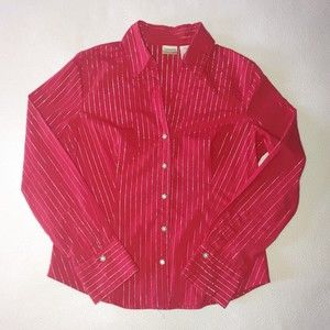 Red Long Sleeve Collared Button Down Shirt Women's Juniors Large 11/13 Festive!